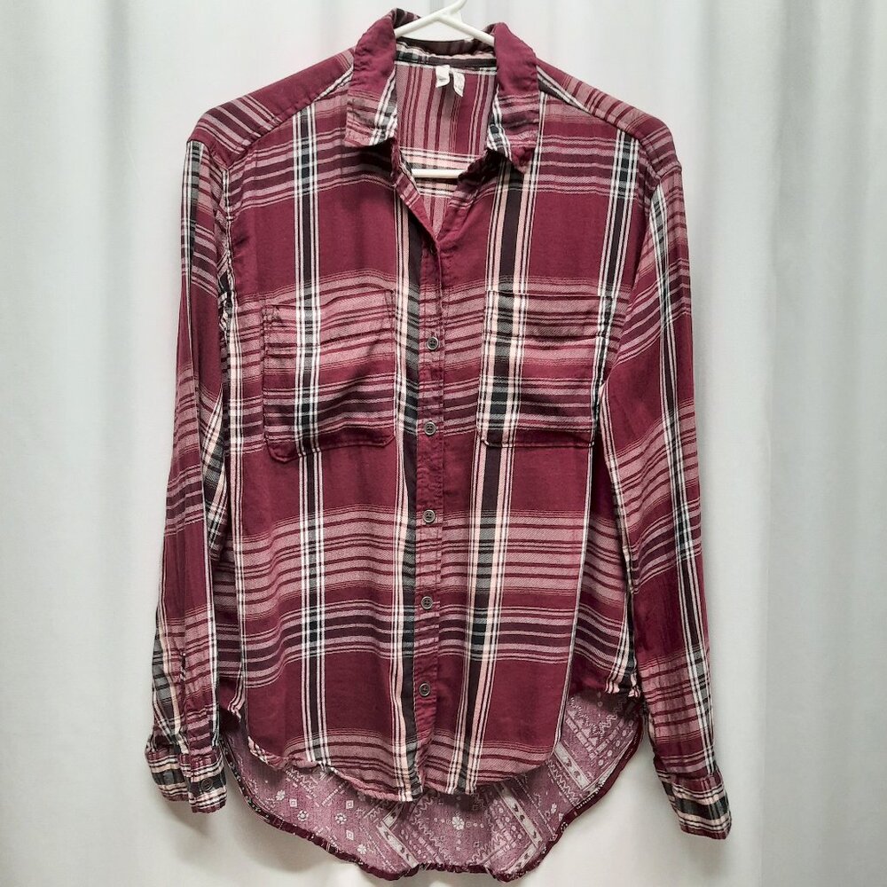 Mudd Women's Plaid Button-Down Shirt XS Burgundy Mixed Media Bandana Back Boho